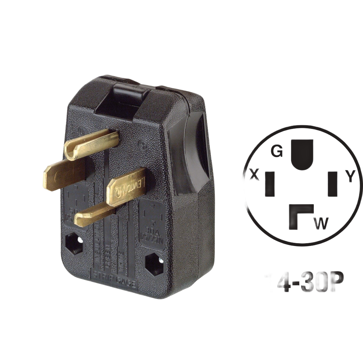 Black electrical power plug with three brass prongs designed for dual range and dryer appliance connections