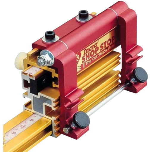 Compact red and gold adjustable stop for IncraLOCK Flip Fence, ideal for precise woodworking and measuring tasks.