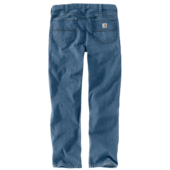 Rear view of men's medium blue slim tapered jeans crafted from abrasion-resistant 12-ounce denim with stretch technology