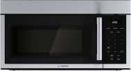 Stainless steel over-the-range microwave with left side-opening door and digital control panel in kitchen appliances collection