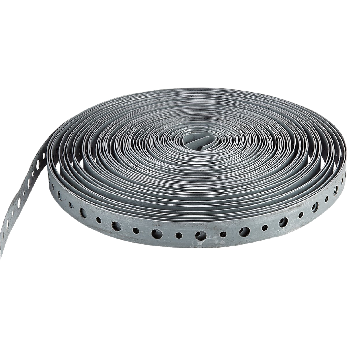 Coiled galvanized steel pipe strap with perforations for securing plumbing in home improvement and plumbing accessories collections