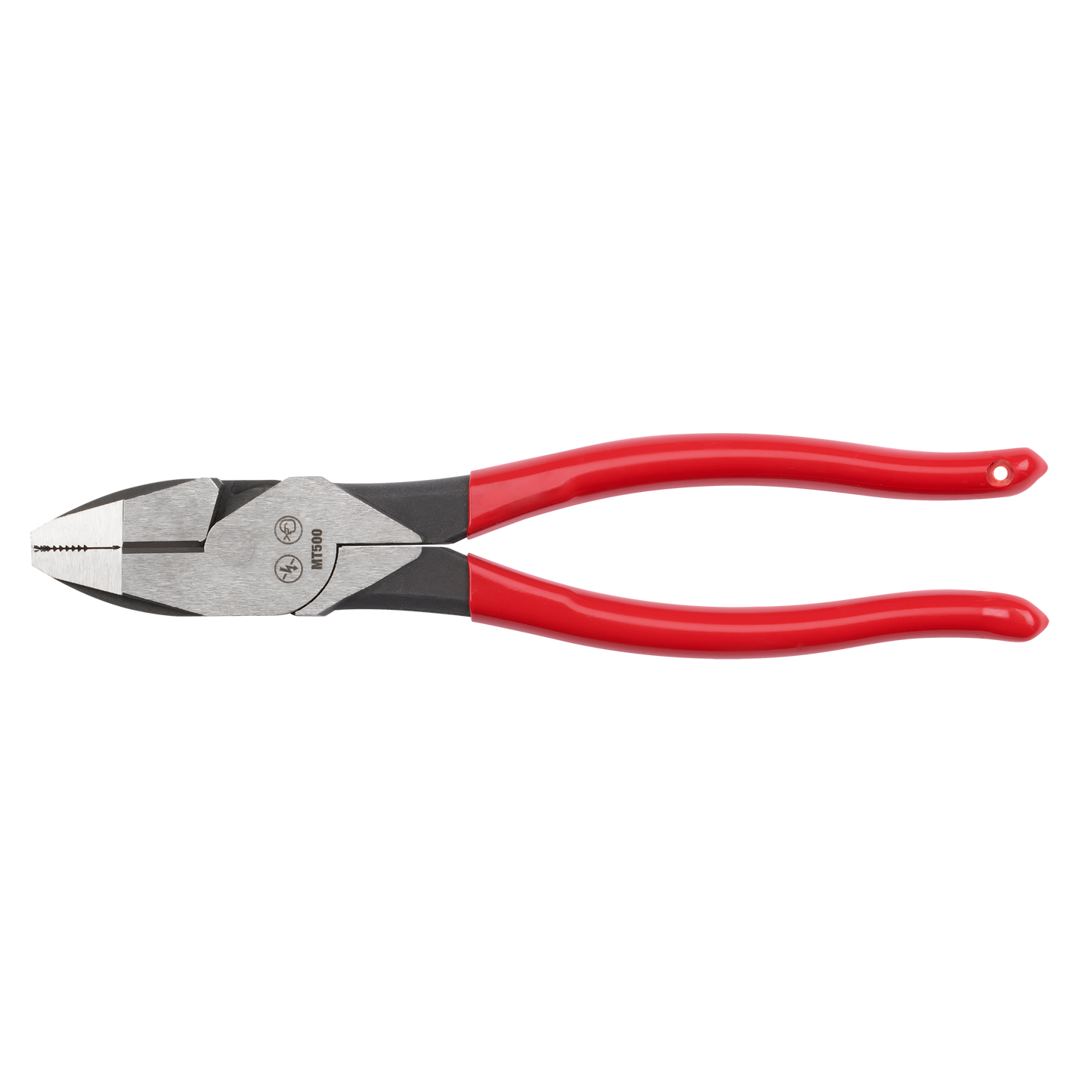 9-inch lineman pliers with red dipped handles and forged steel head for tools and home improvement projects