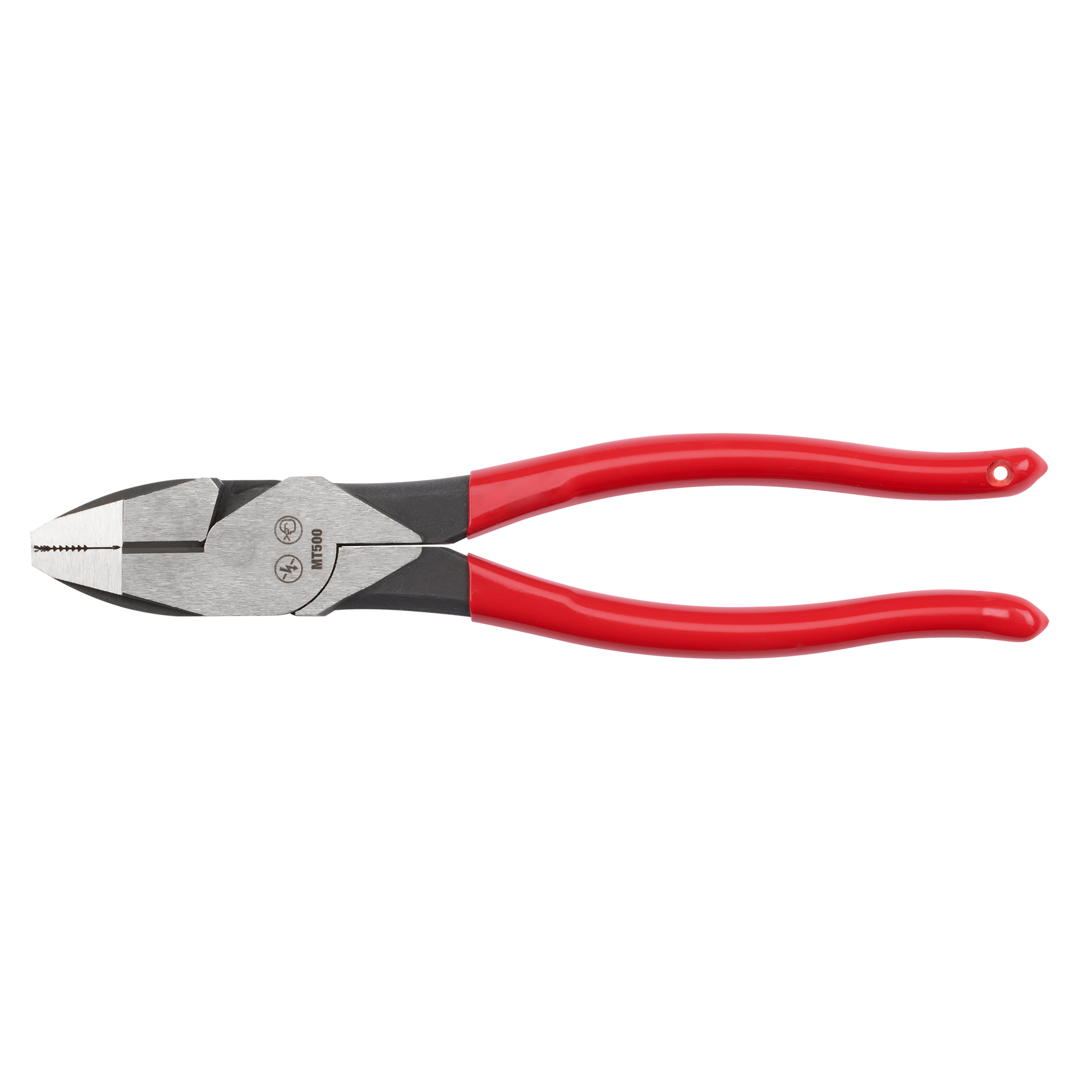 9-inch lineman pliers with red dipped handles and forged steel head for tools and home improvement projects