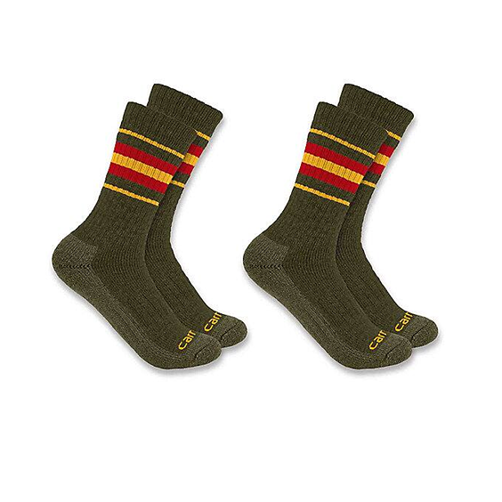 Two pairs of medium moss crew socks with red and yellow stripes, cozy wool blend for cold weather wear collections