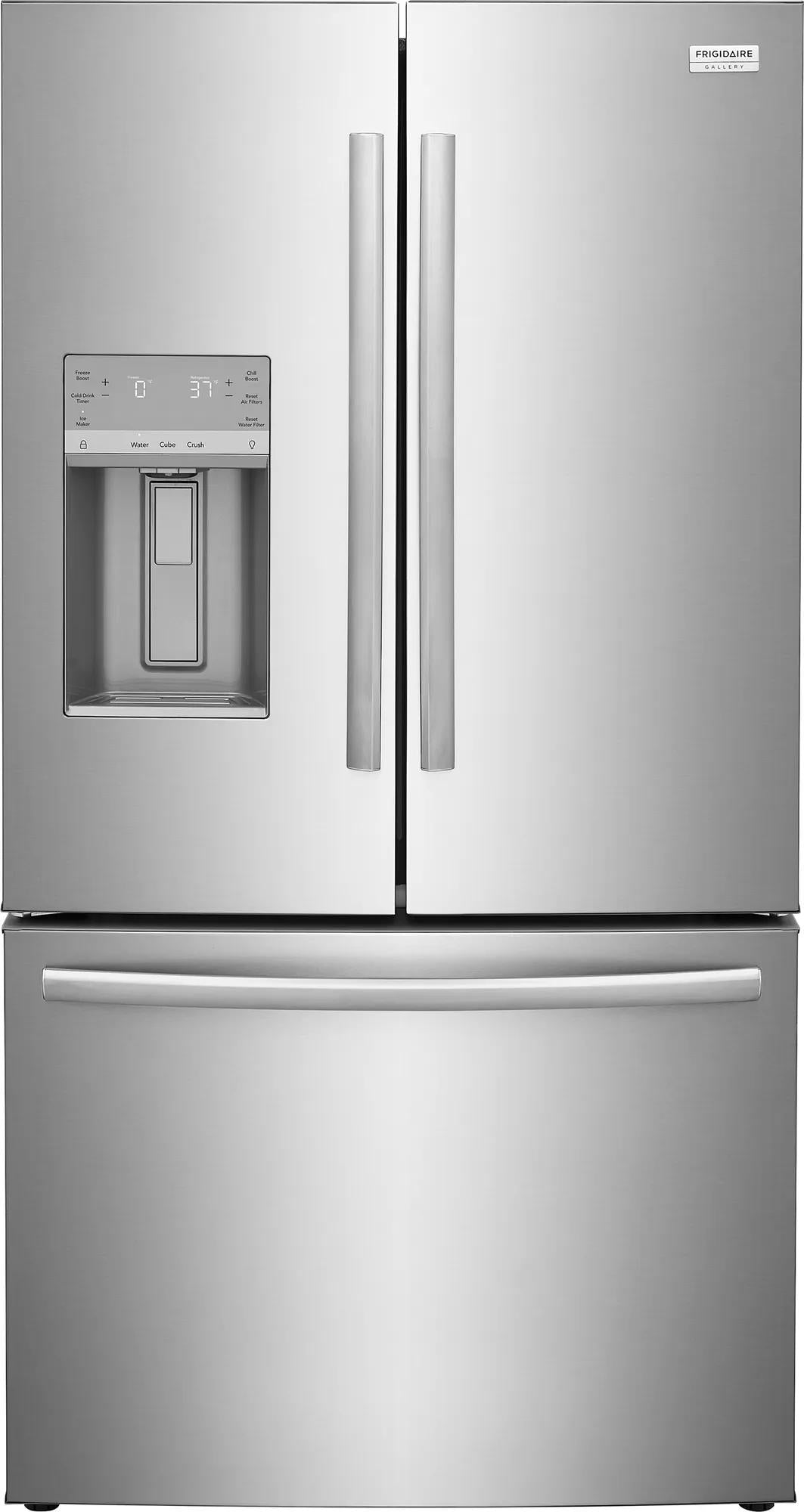 Stainless steel French door refrigerator with external dispenser and digital control panel in Refrigerators and Appliances collections