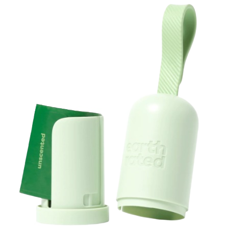 Light green Earth Rated dog waste dispenser with strap and green unscented waste bags for outdoor use