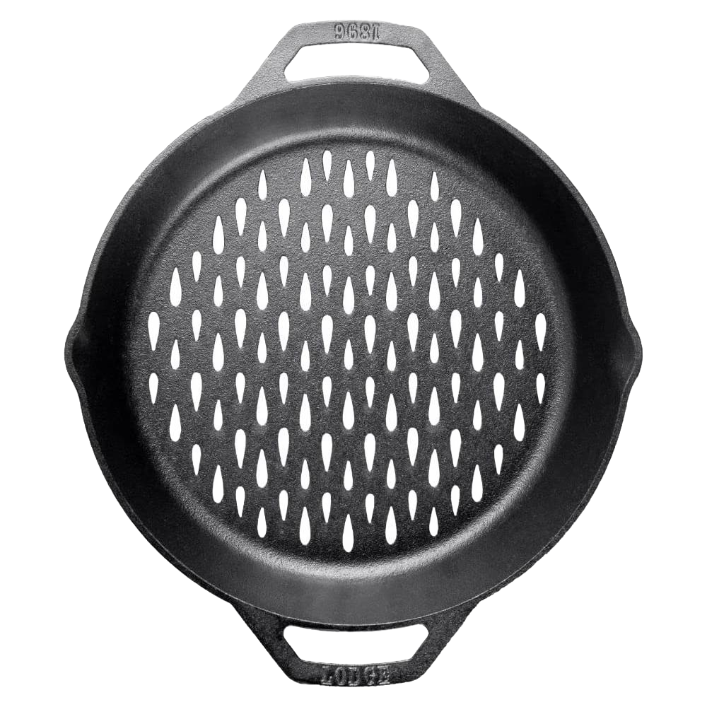 Cast iron grilling basket with dual handles and perforated surface for even heat and airflow, kitchenware under $50.