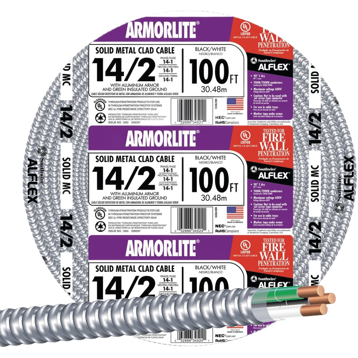 Coiled metal clad cable with aluminum armor and black and white insulated wires for home improvement tools and projects