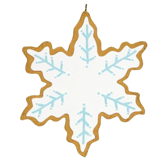 Snowflake-shaped cookie ornament with white icing and delicate blue icing details, festive Christmas tree decoration under $50