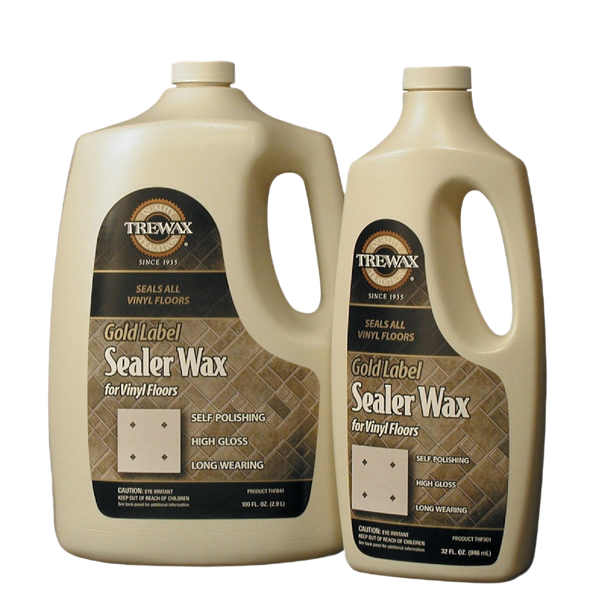Two beige containers of Trewax Gold Label Sealer Wax for vinyl floors with high gloss and long-wearing finish