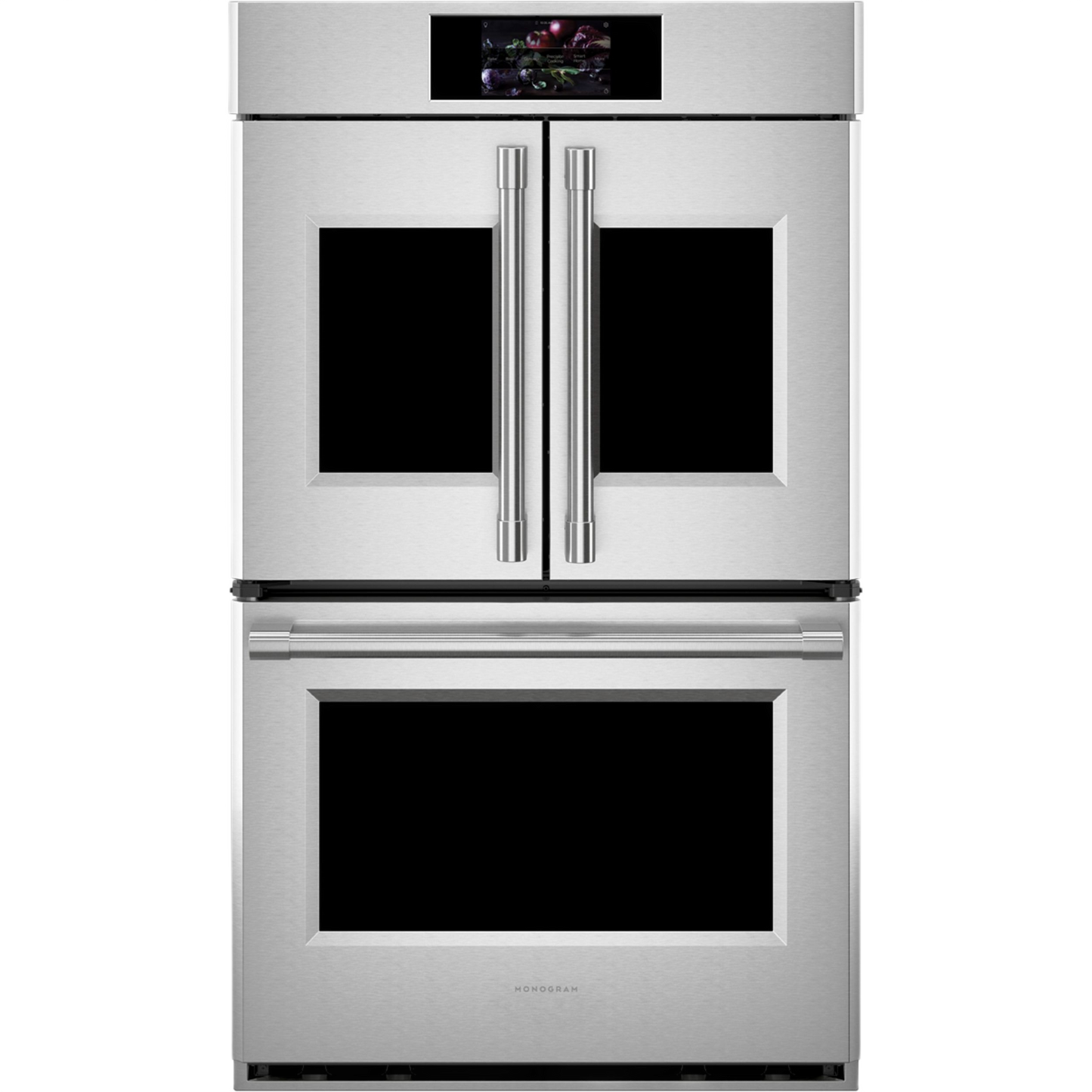 Stainless steel French-door double wall oven with digital display and sleek handles in double wall ovens collection