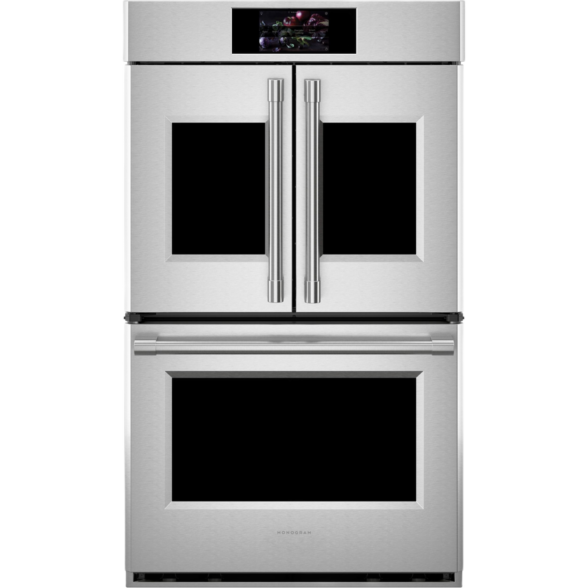 Stainless steel French-door double wall oven with digital display and sleek handles in double wall ovens collection
