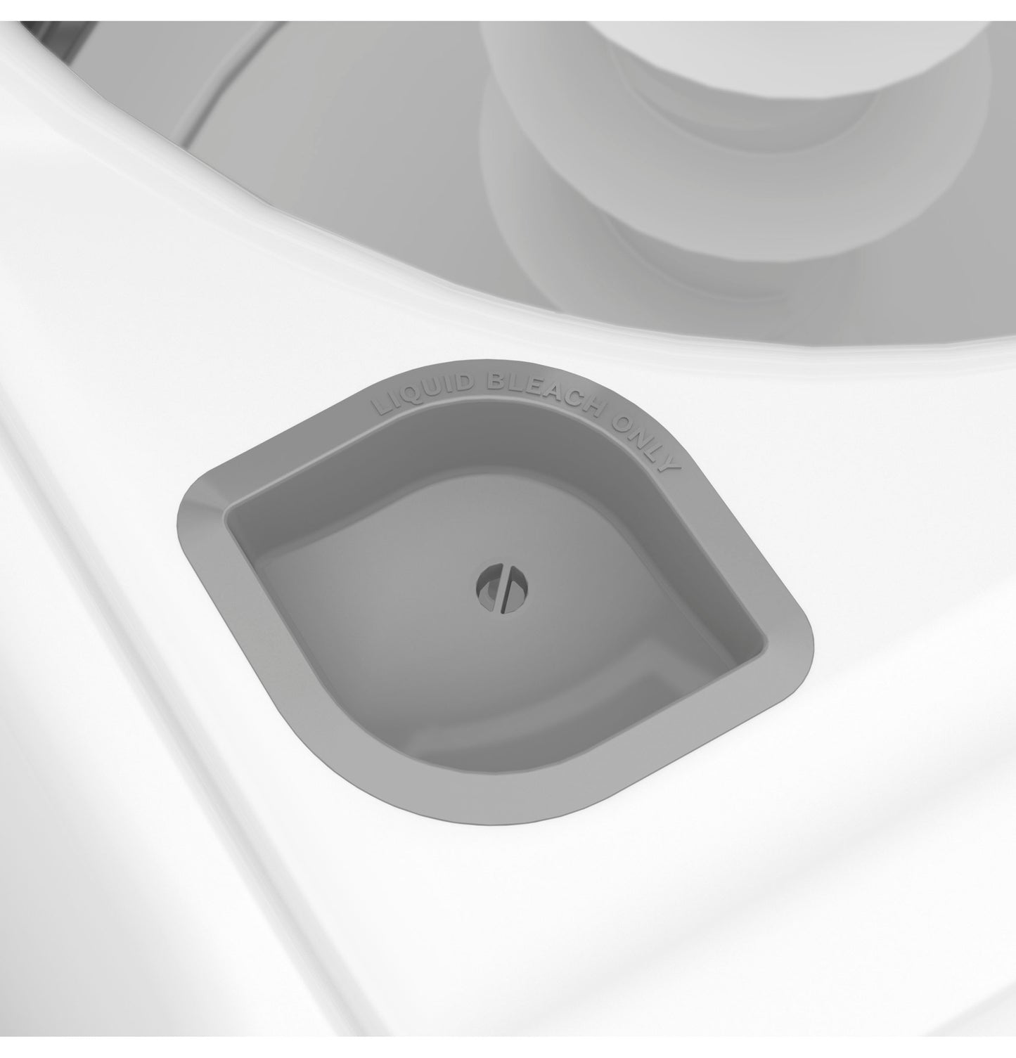 Close-up view of liquid bleach dispenser compartment in a white top load washer from washers collection.
