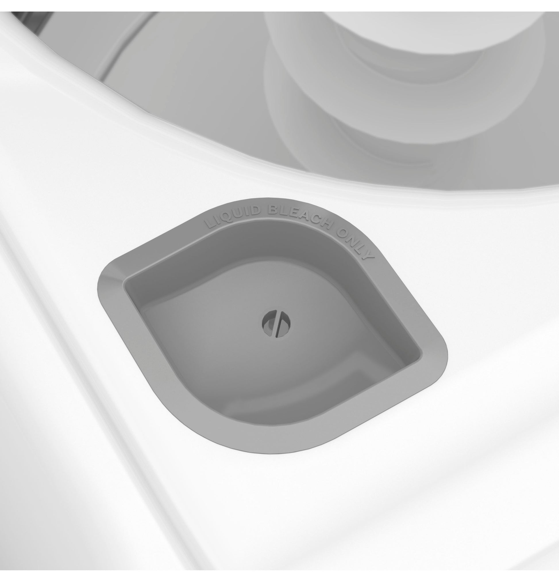 Close-up view of liquid bleach dispenser compartment in a white top load washer from washers collection.
