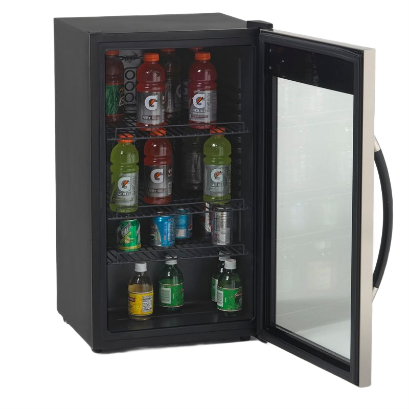 3.0 cubic foot beverage cooler with black exterior and glass door showing assorted drinks inside from kitchen appliances collection