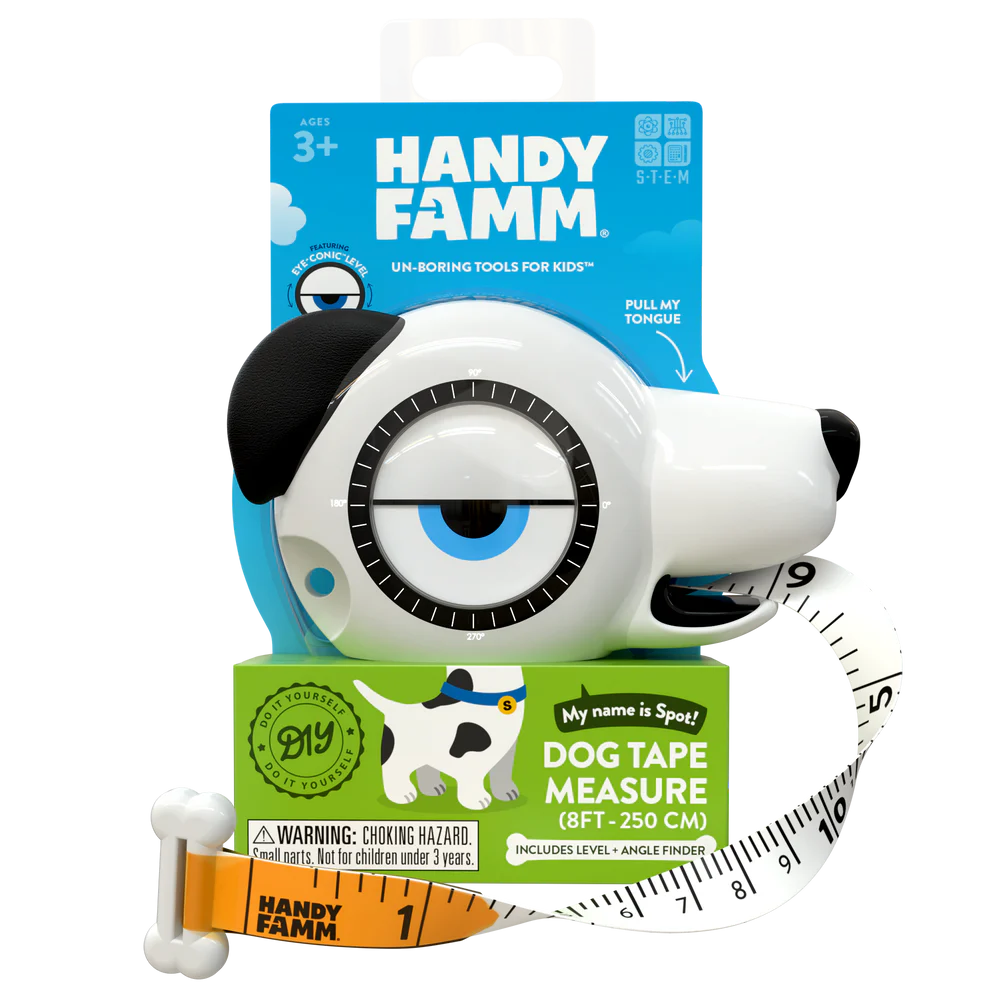 White dog-shaped tape measure with black ear and blue eye design for kids' tools and home improvement projects