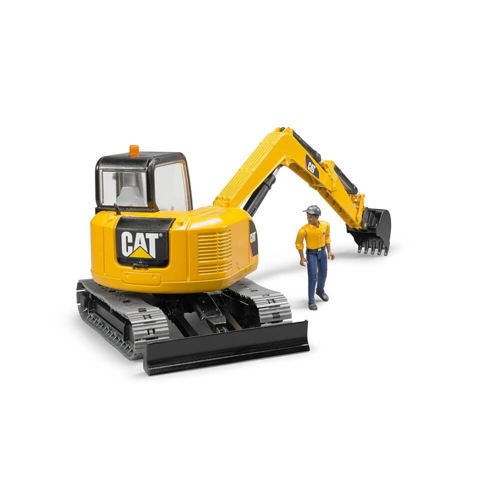 Yellow Bruder Cat excavator toy with movable arm and detailed worker figure for imaginative construction play
