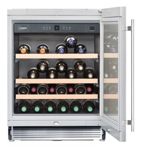 stainless steel under-worktop wine cabinet with wooden shelves and digital temperature controls in kitchen appliances