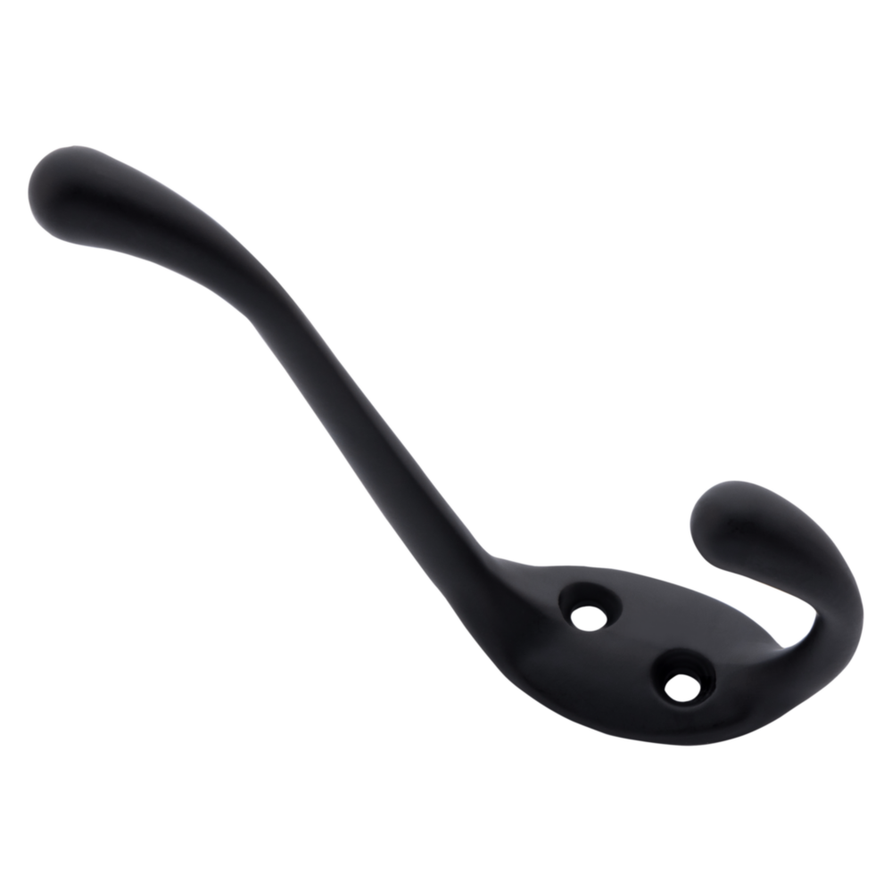 Matte black heavy duty garment hook with two mounting holes for closet organization and storage solutions under $50
