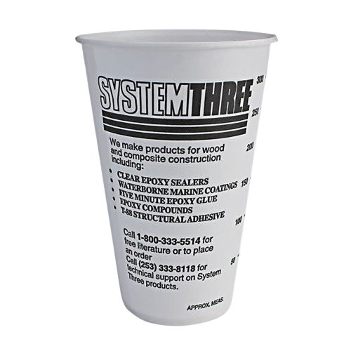 White 12 oz. graduated mixing cup with black text for measuring epoxy and wood composite products in home improvement projects