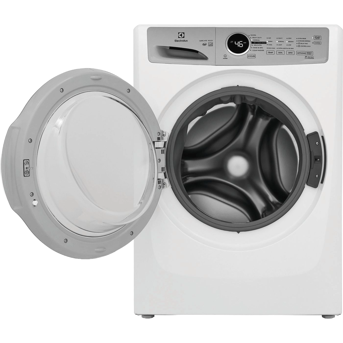 Front load washer with open door showing stainless steel drum and digital control panel, part of washers and appliances collection