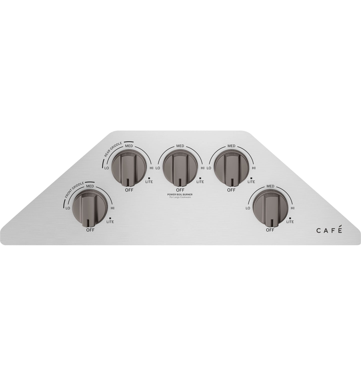 Angled stainless steel control panel with five gray knobs for CAFÉ cooktop in kitchenware and appliances collection