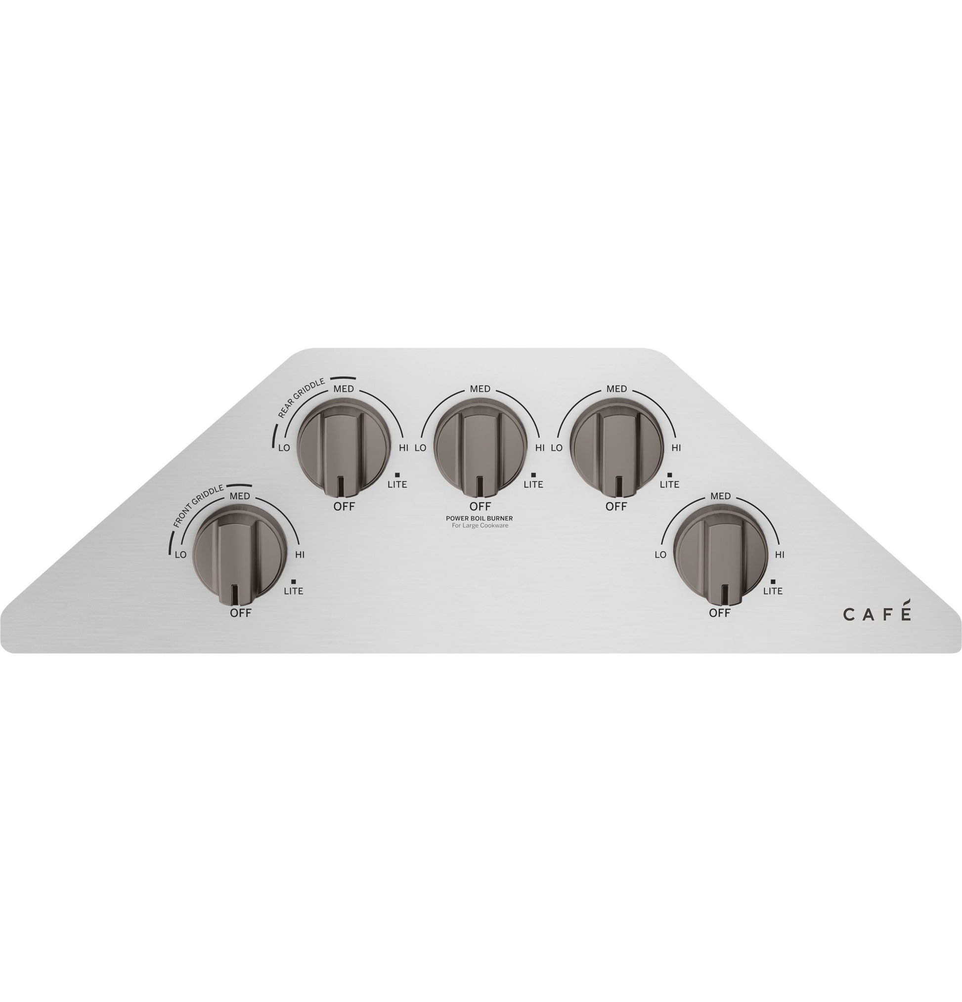 Angled stainless steel control panel with five gray knobs for CAFÉ cooktop in kitchenware and appliances collection
