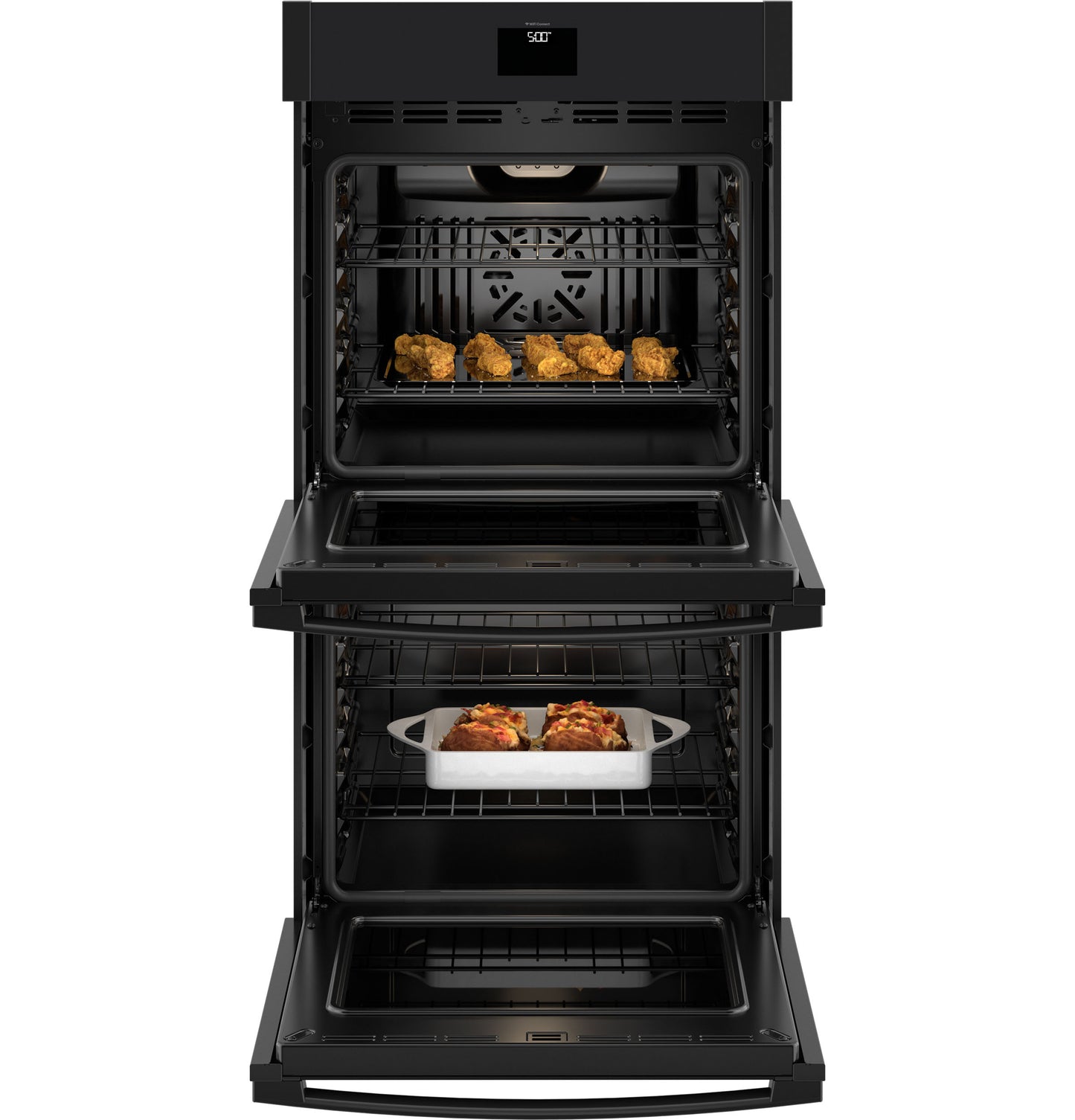 Open black double wall oven with convection fan and food inside in Double Wall Ovens and Kitchen & Kitchenware collections