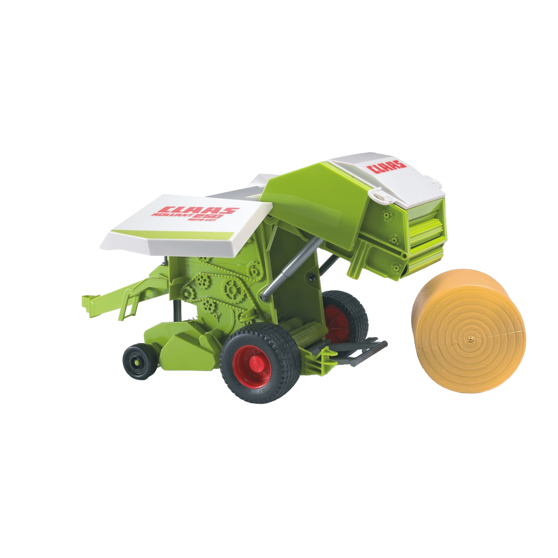 Green and white toy baler with detailed rollers and included round bale for Bruder Toys in Vehicles & Remote Controlled Toys collection