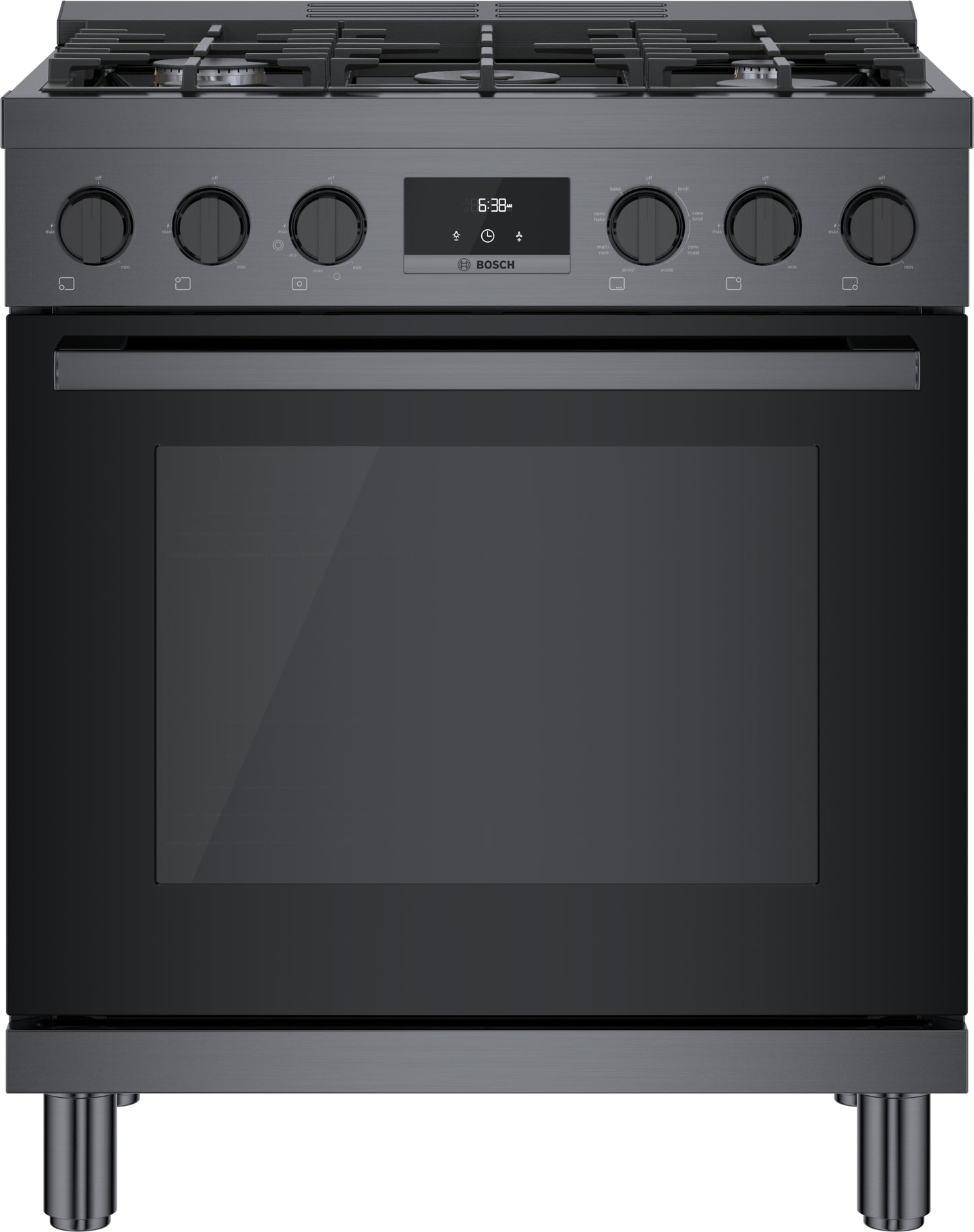 Front view of black stainless steel dual fuel freestanding range with metal knobs and digital display for kitchen collections
