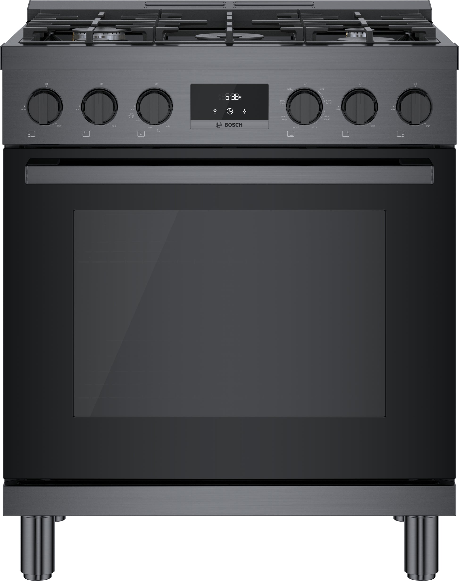 Front view of black stainless steel dual fuel freestanding range with metal knobs and digital display for kitchen collections