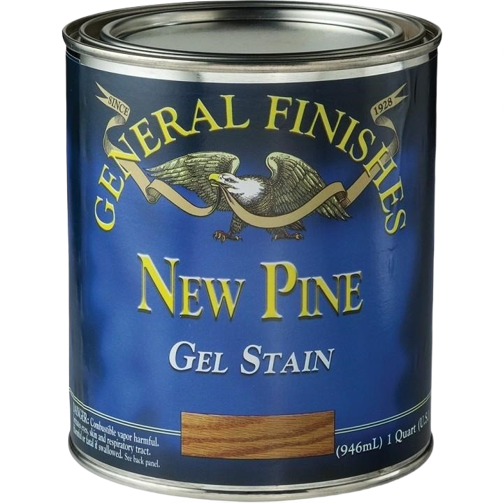 Blue metal can of New Pine gel stain from General Finishes for wood finishing in stains and sealers collections