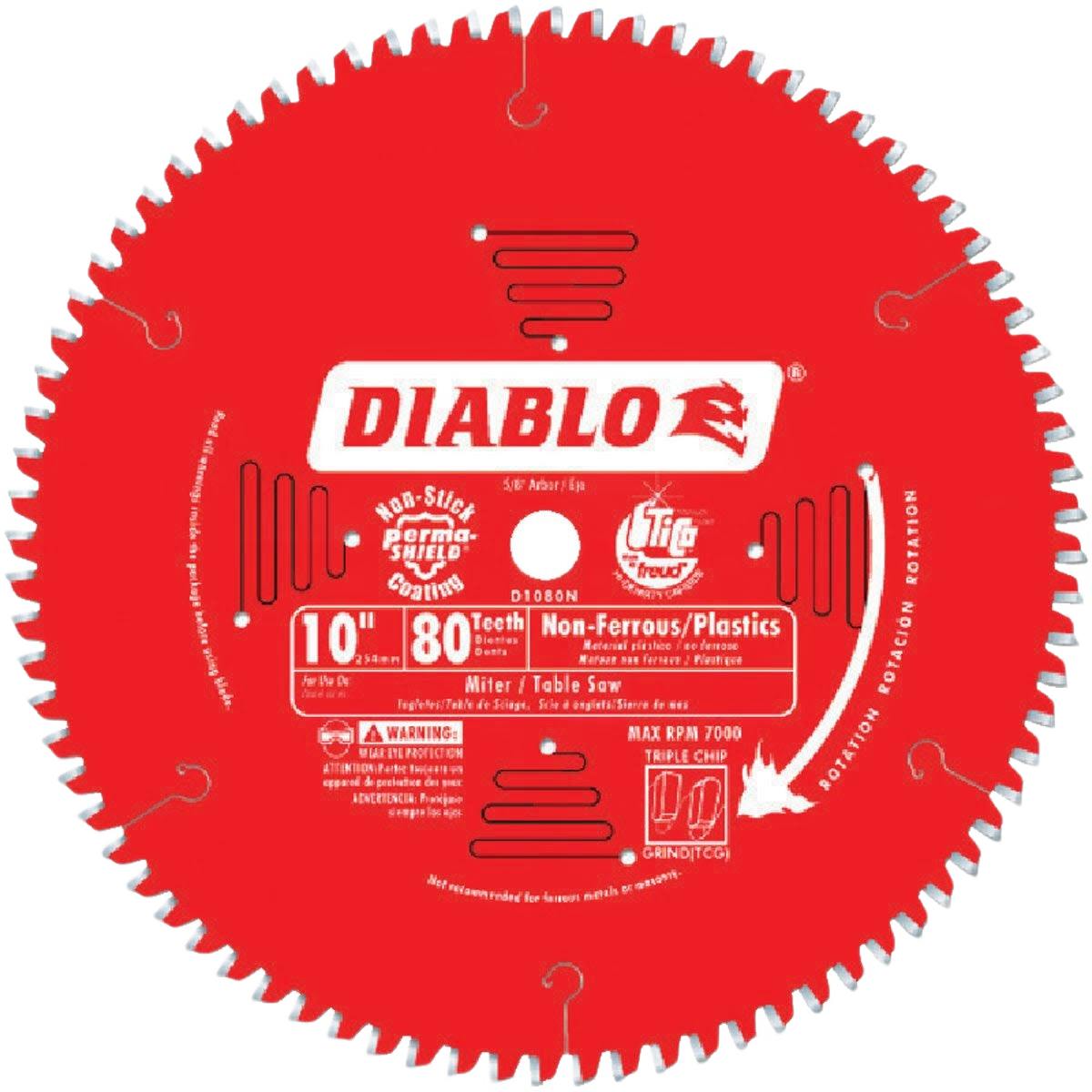 Red 10-inch 80-tooth carbide saw blade designed for cutting non-ferrous metals and plastics in power tool accessories