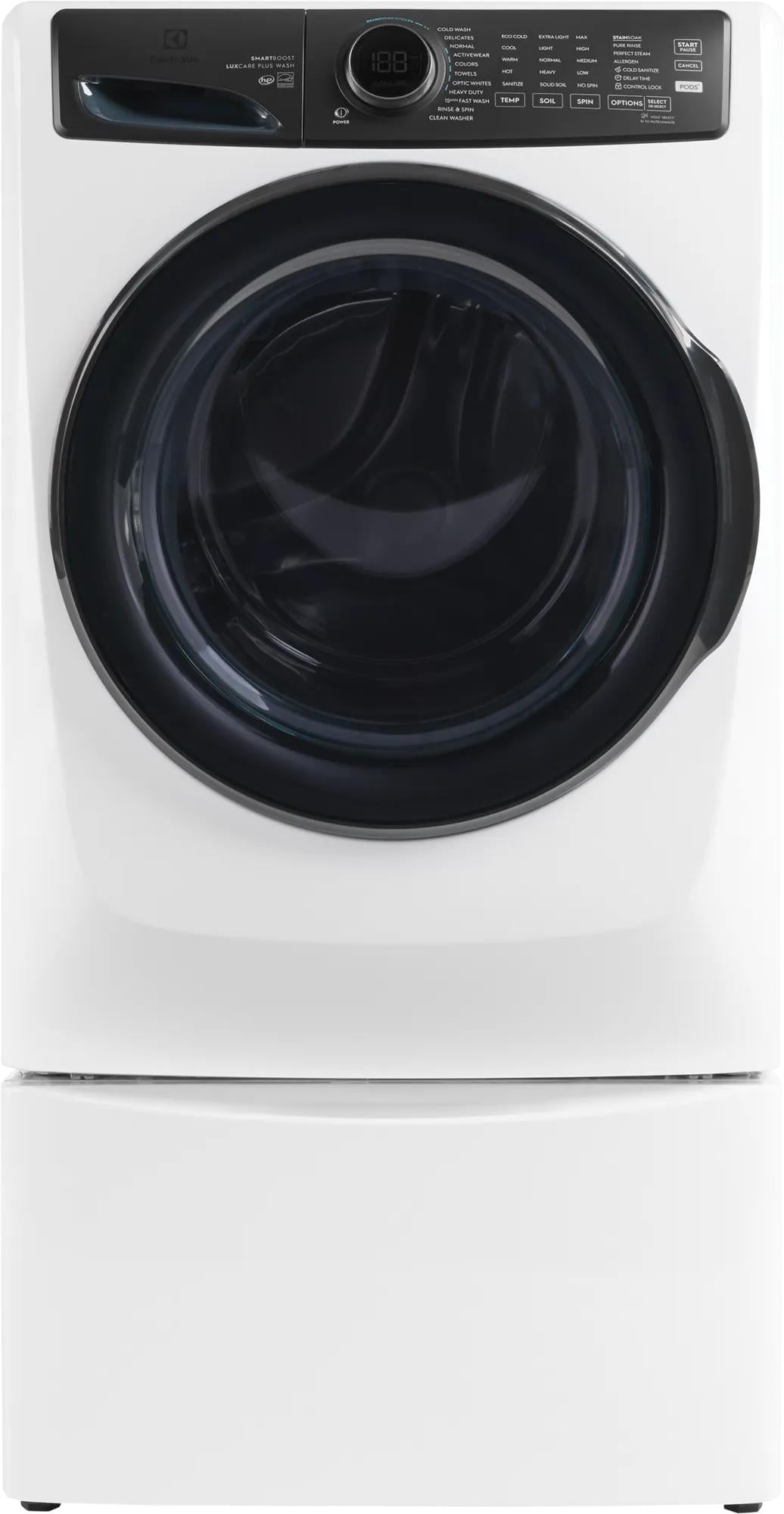 White front load washer with black door and digital control panel for washers and home improvement collections