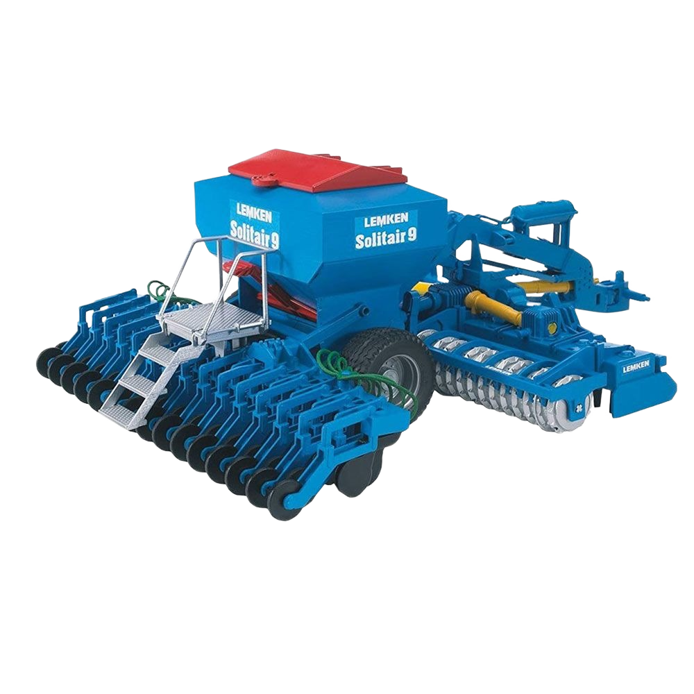 Blue and red agricultural sowing machine with multiple disc openers for soil preparation and planting seeds