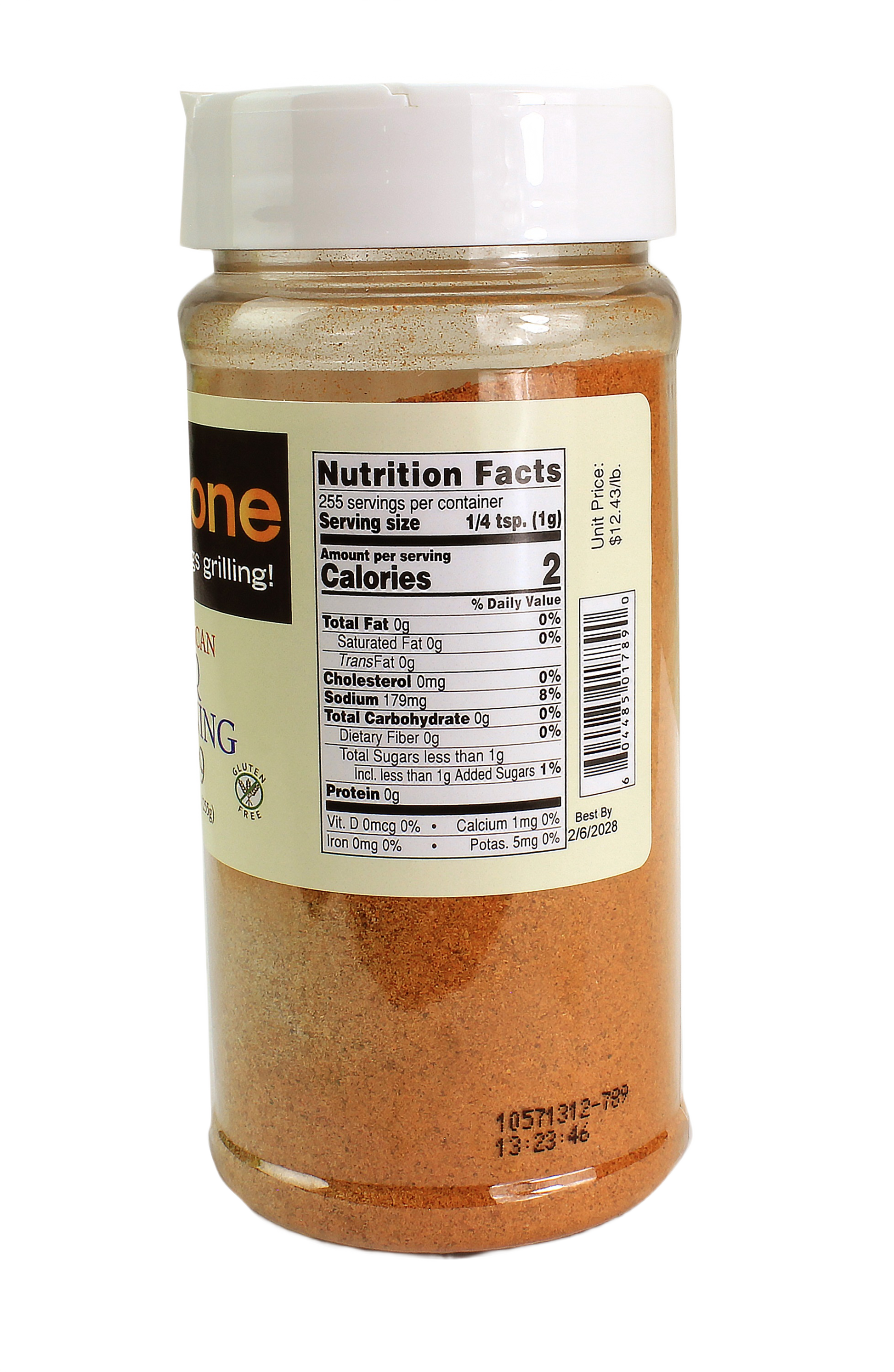 Clear plastic spice container showing nutrition facts label for Grill Zone seasoning with sodium and calorie details