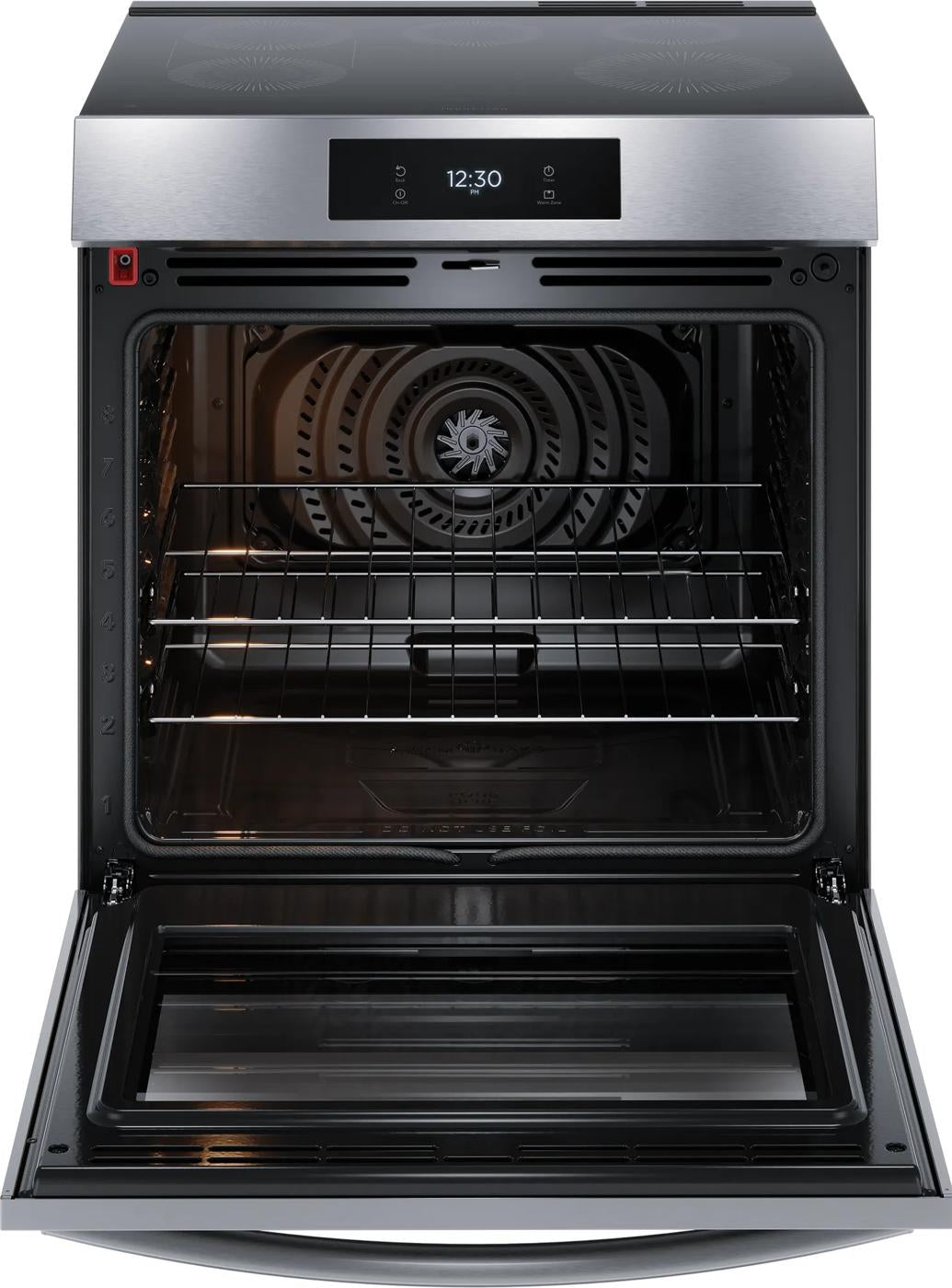 Open front control induction range oven with convection fan and digital control for kitchen appliances collection
