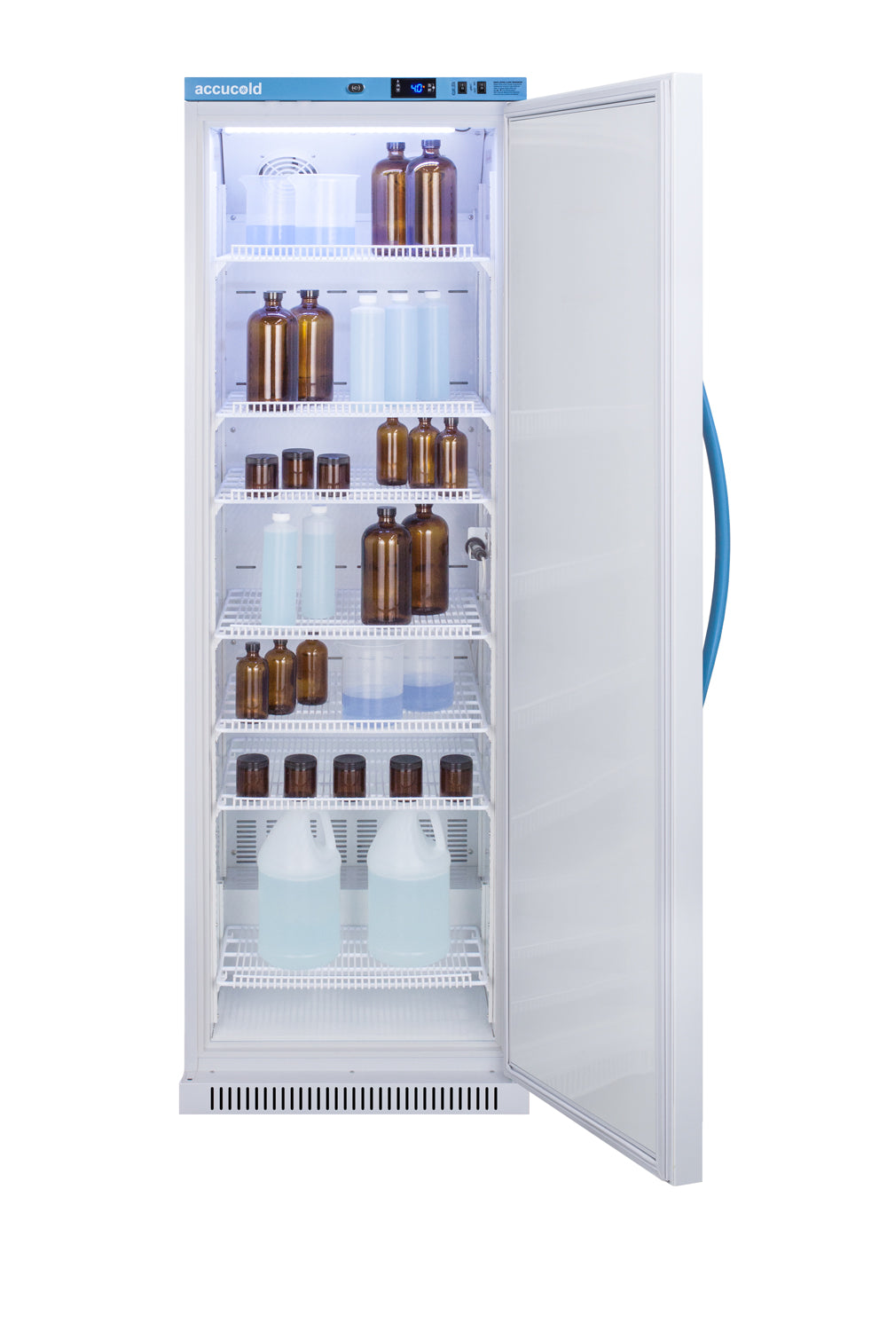 15 Cu.Ft. upright laboratory refrigerator with interior shelves holding amber and clear reagent bottles in Appliances collection