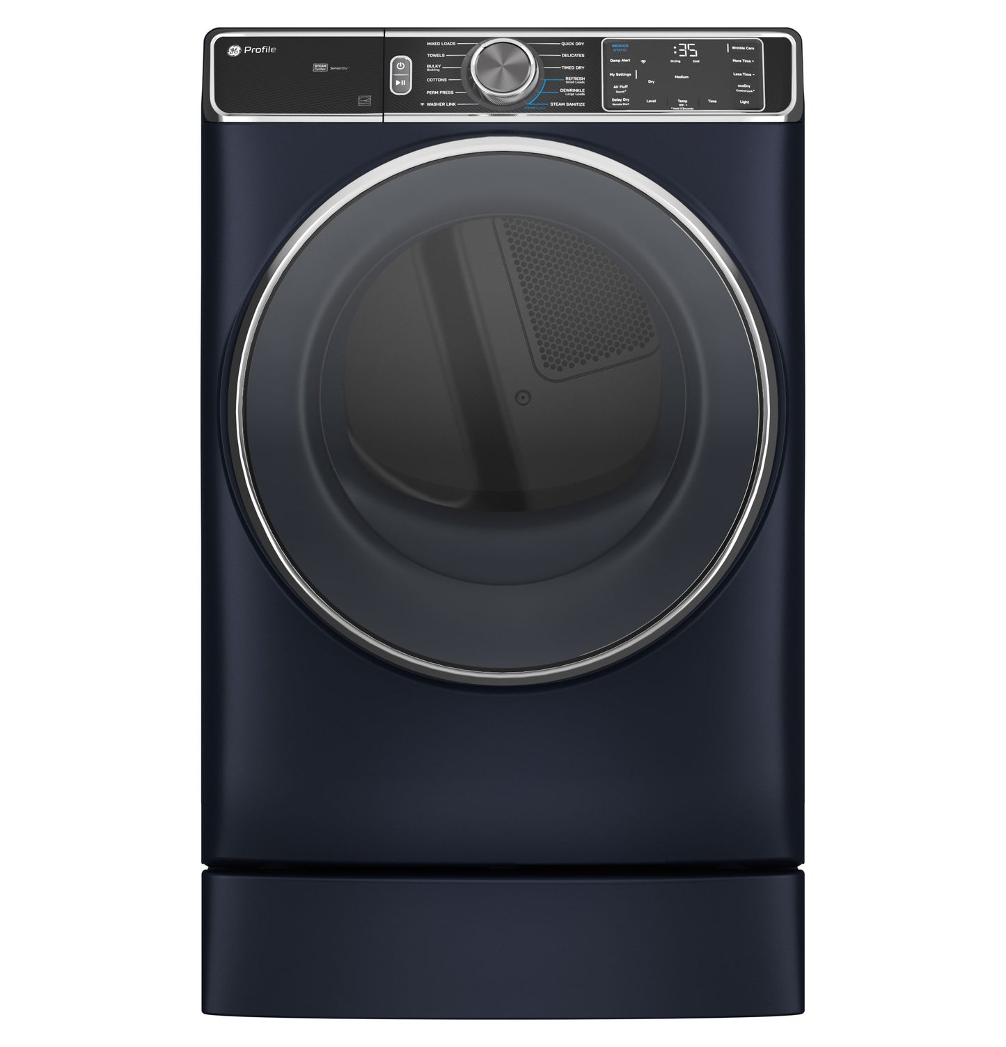 Dark blue front-load dryer elevated on a matching 7-inch appliance riser for laundry and home improvement use