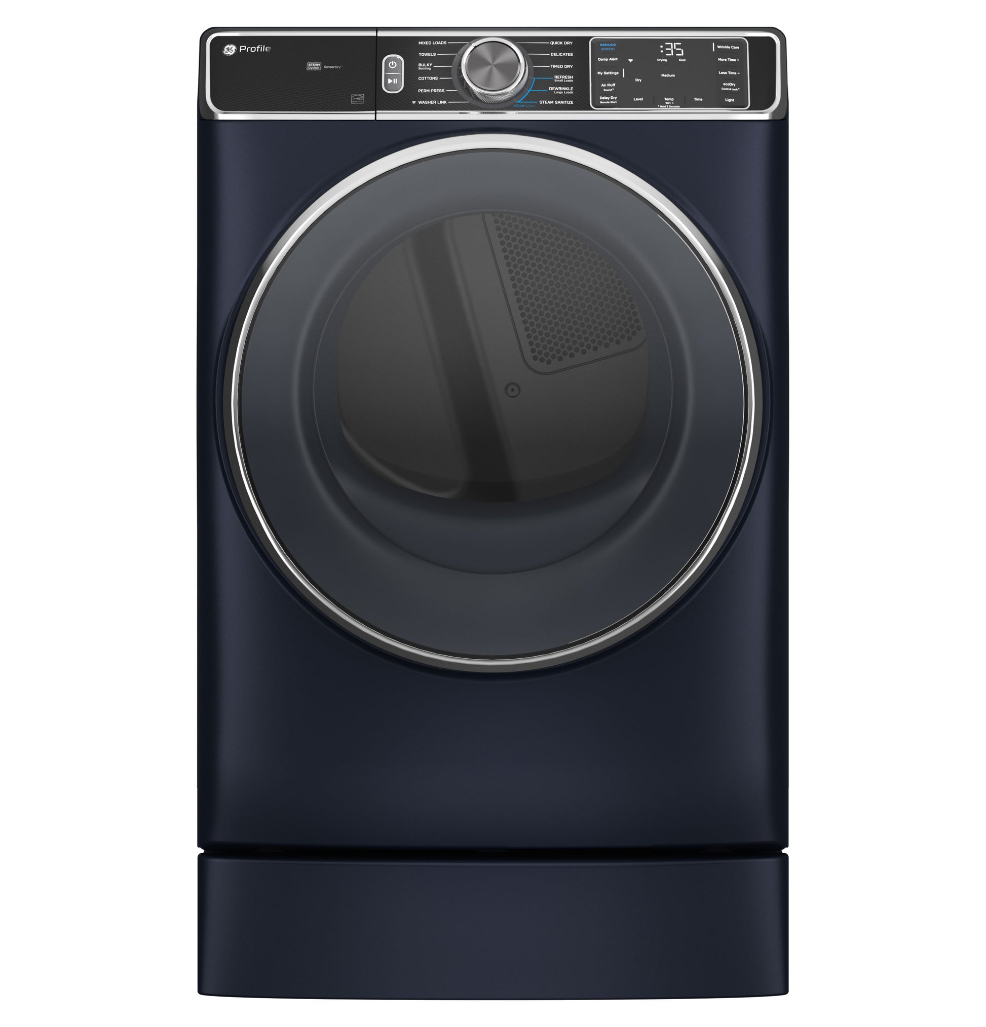 Dark blue front-load dryer elevated on a matching 7-inch appliance riser for laundry and home improvement use