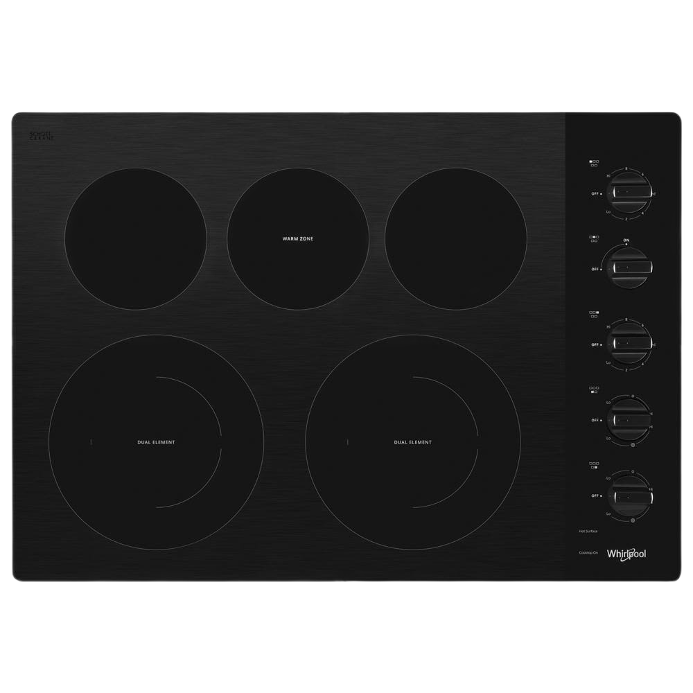 Black 30-inch electric ceramic cooktop with five burners including dual radiant elements and manual control knobs in kitchen appliances
