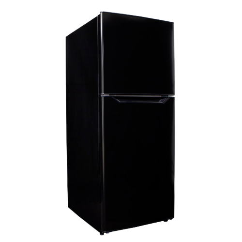 Black top freezer refrigerator with sleek minimalist design, part of kitchen appliances and home improvement products.