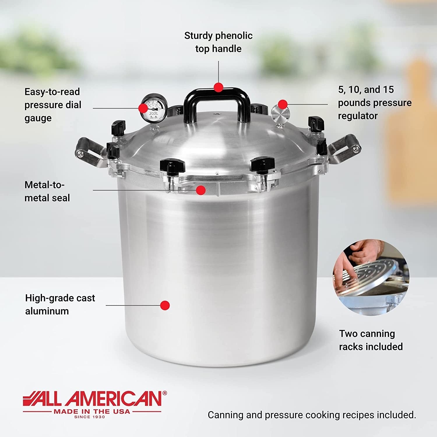 High-grade cast aluminum pressure canner with metal-to-metal seal, pressure gauge, regulator, and sturdy top handle in kitchenware collections