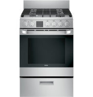 24-inch stainless steel gas range with convection oven, modular backguard, and front control knobs in kitchen appliances collection