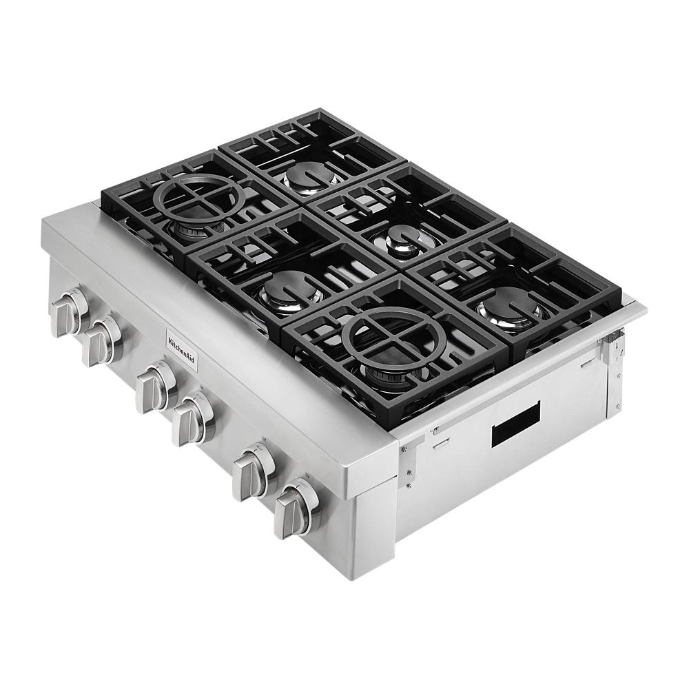 Commercial-style stainless steel 36-inch gas cooktop with six burners and heavy-duty black cast iron grates from KitchenAid collection
