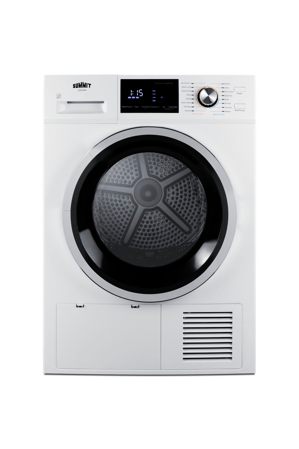 Front-loading heat pump dryer with digital display and control knob from Dryers and Appliances collections