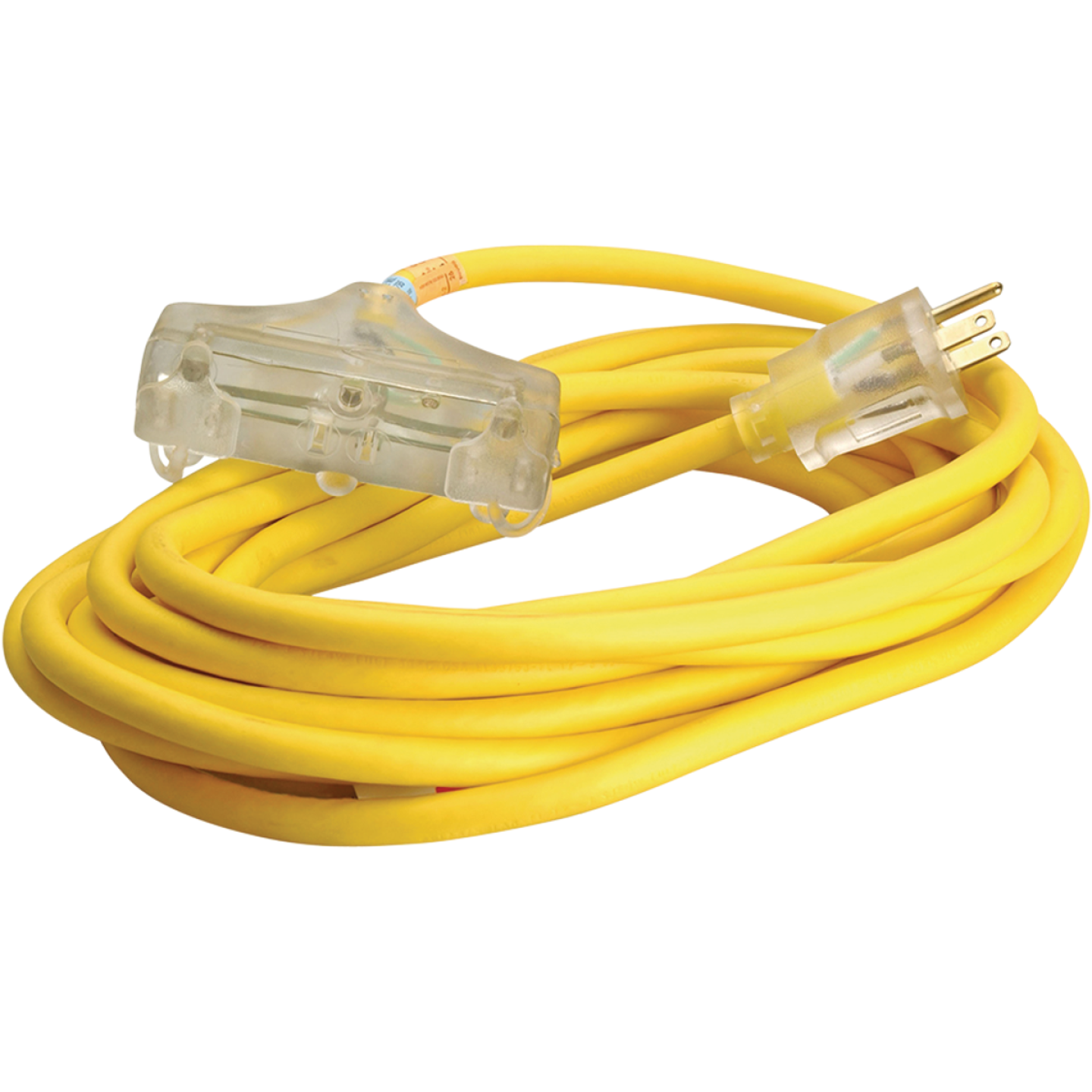 Yellow heavy-duty extension cord with three transparent outlets and plug for outdoor and home improvement use