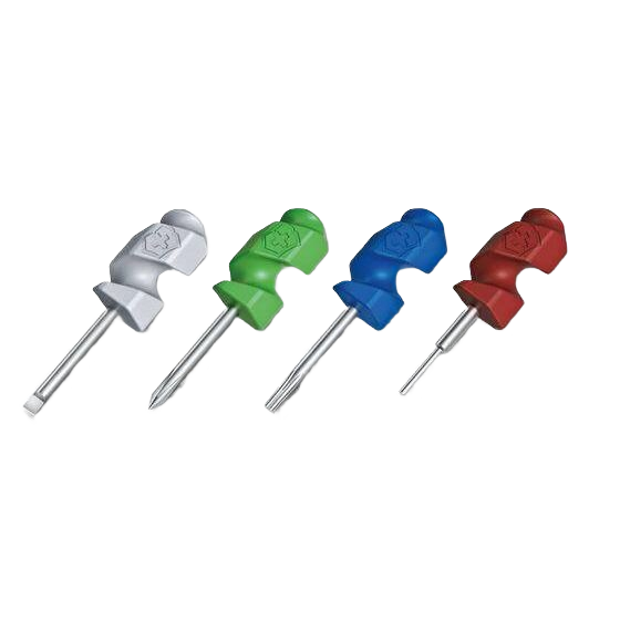 Set of four compact multi-tool screwdrivers with color-coded ergonomic handles for home improvement projects and woodworking tasks