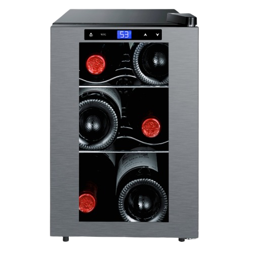 Compact steel 6-bottle wine cooler with digital temperature control and glass door for kitchen and appliance collections