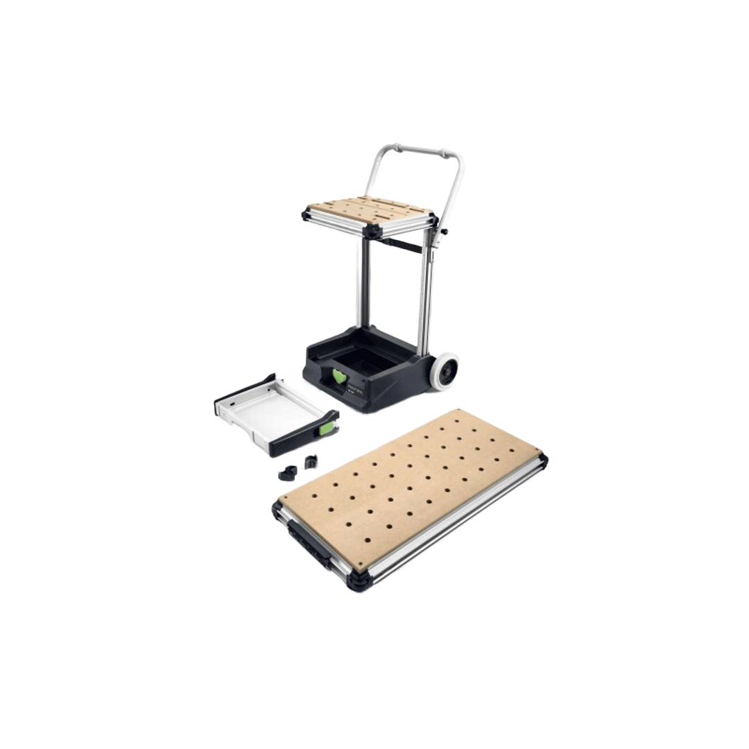Compact mobile workshop cart with wooden platform and adjustable components for woodworking and tool storage solutions